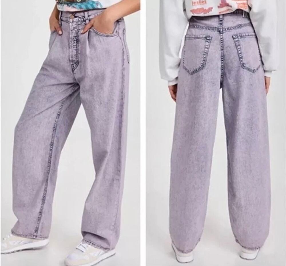 Mother Snacks The Pleated Fun Dip Puddle Wide Leg Jeans Silver Pink Size 29 USA